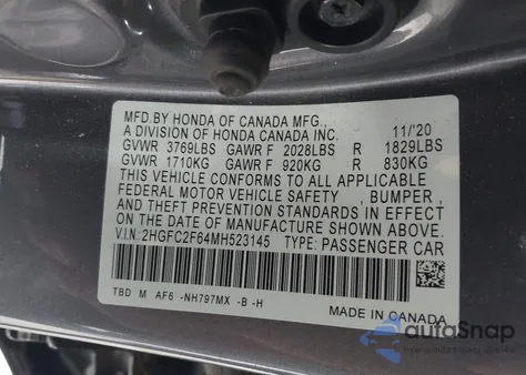 2021 Honda Civic Lx из США, поврежденный, VIN 2HGFC2F64MH523145